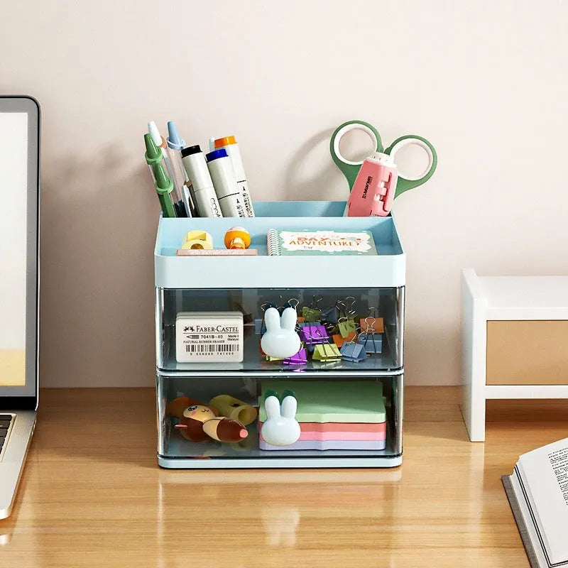 Transparent partitioned desktop storage box with grid drawers, PP plastic, 2L capacity