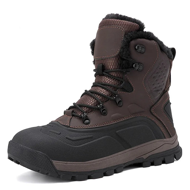 Men's black high-top lace-up boots with fleece lining and flat heel on ribbed sole