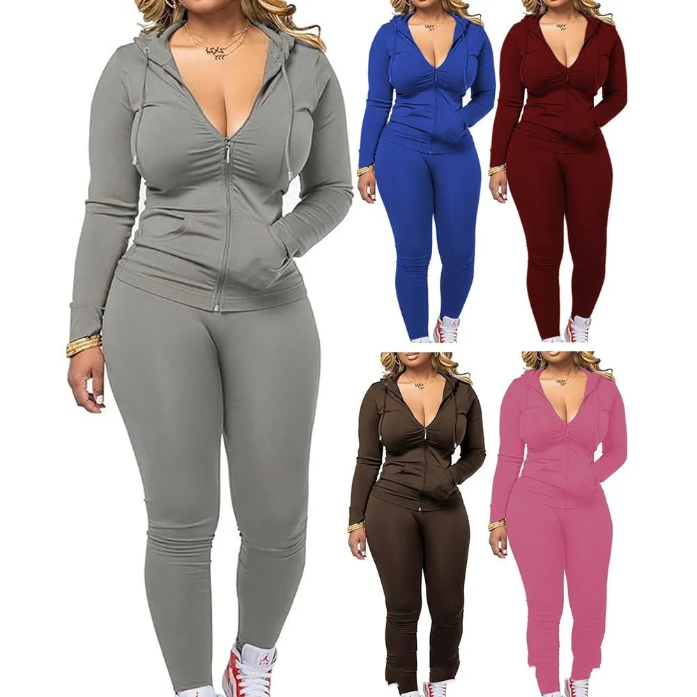 Women's long-sleeved zip hoodie and trouser two-piece set in milk silk fleece, available in six colours and five sizes