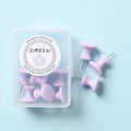 Plastic push pins in cherry blossom pink, mint green, and lavender colours, shown in large and small sizes, packaged in a box.