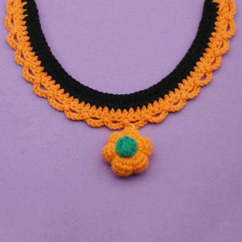 Hand crocheted wool Halloween pet collar for cats and dogs in pumpkin colours with adjustable sizing