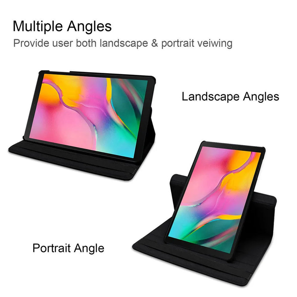 iPad rotating protective sleeve in imitation leather clamshell case showing multiple colour options