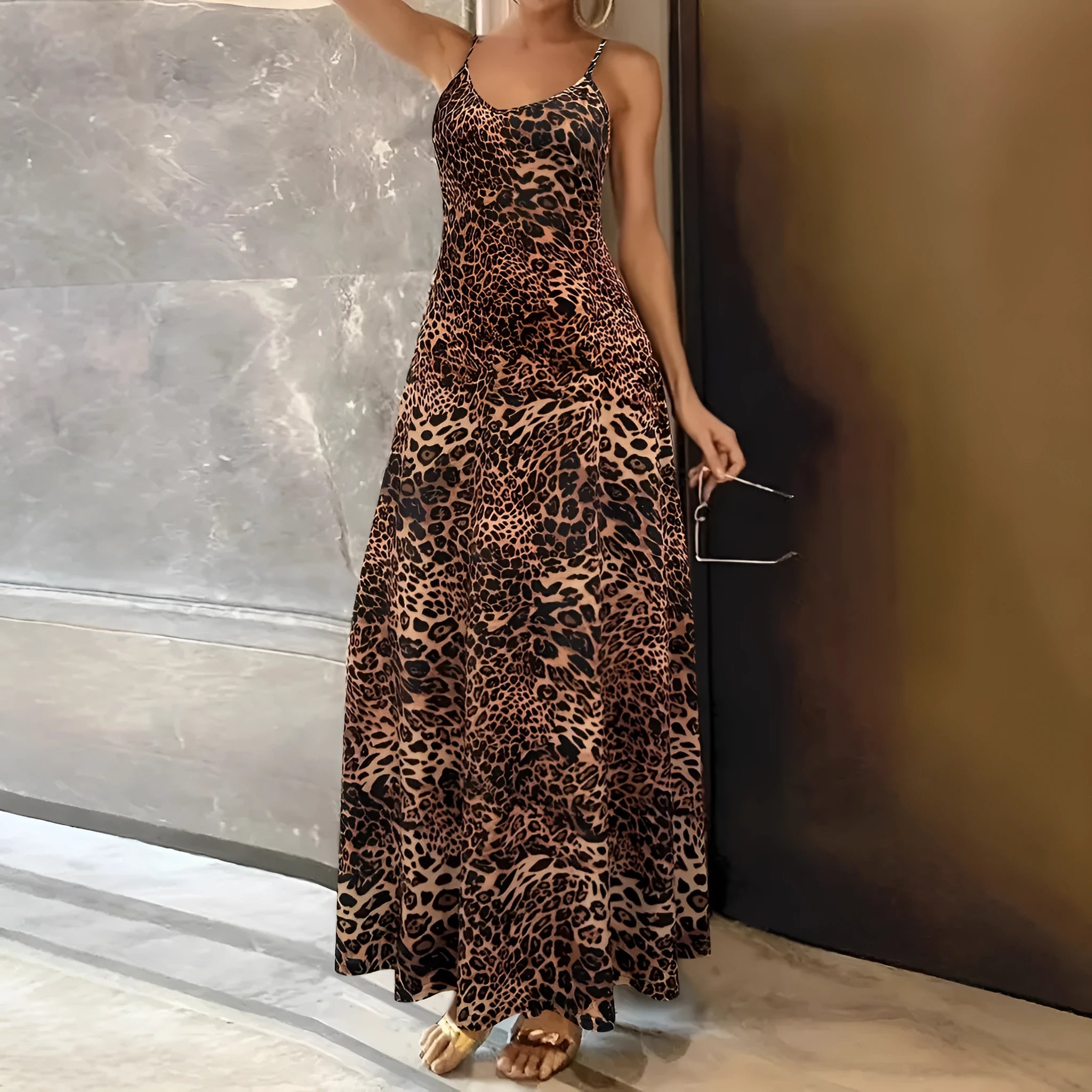 Dark brown leopard print hip skirt dress with sleeveless round neck and shoulder straps
