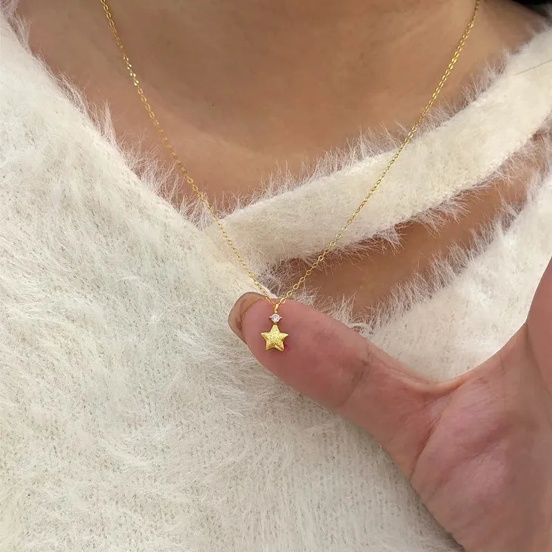 S925 sterling silver star zirconium pendant necklace brushed finish plain silver option women jewellery