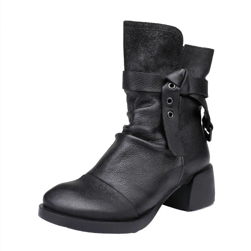 Women's retro ankle boots with genuine leather upper and chunky heel in black and brown colour options