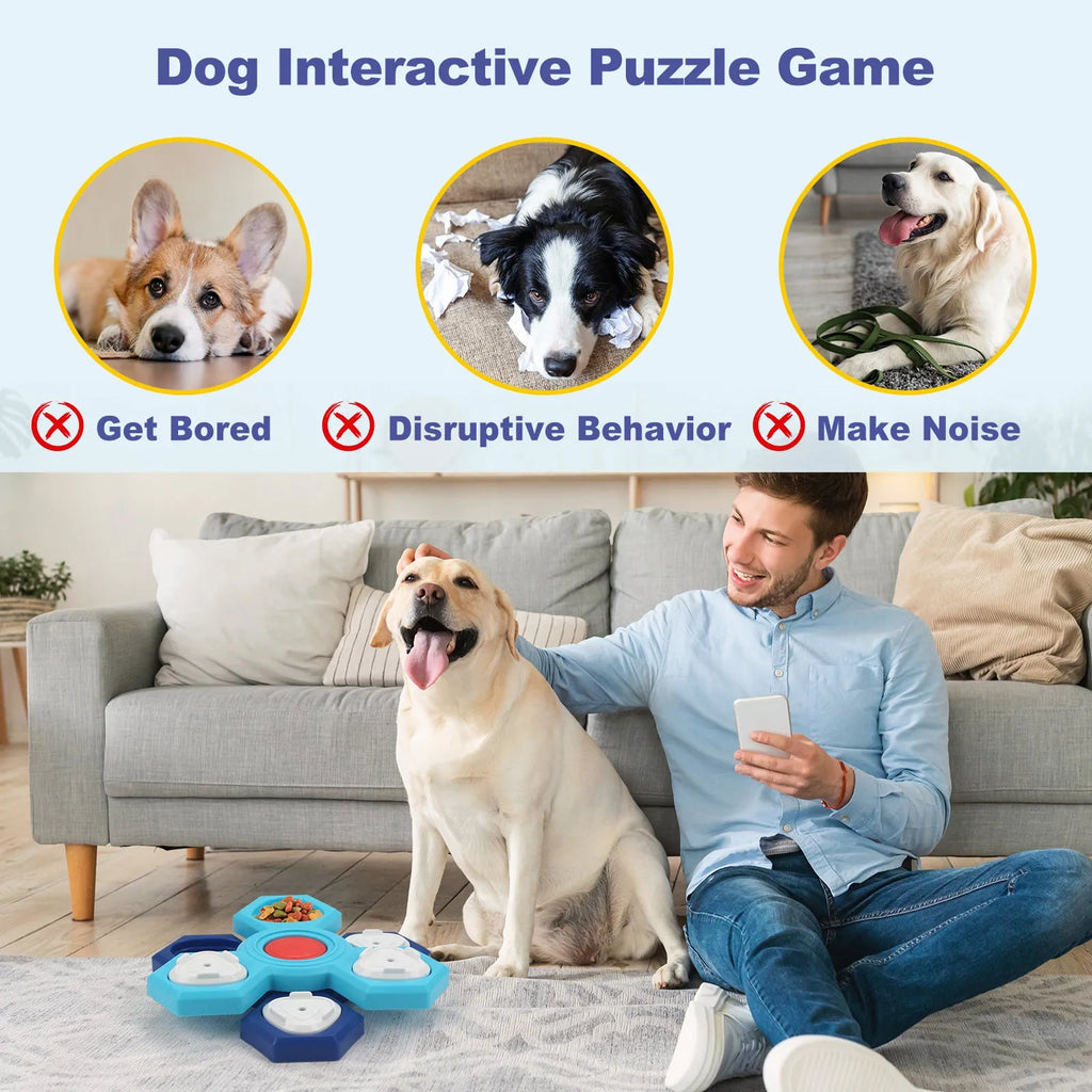 Blue plastic four-layer slow feeder puzzle dog bowl with non-slip base for interactive mealtime use