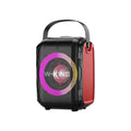 Black portable Bluetooth speaker with cool light circle, horizontal placement, wireless connection for music streaming