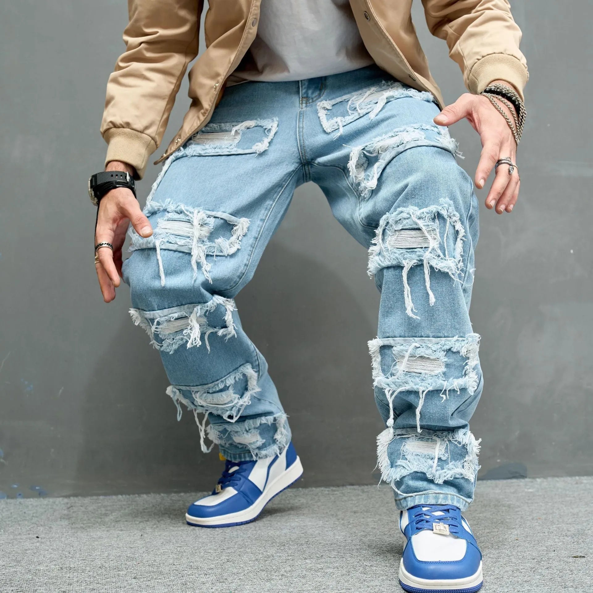 Men's worn stretch slim fit jeans in Denim Blue, cotton denim, mid waist, zipper fly, sizes 28-38