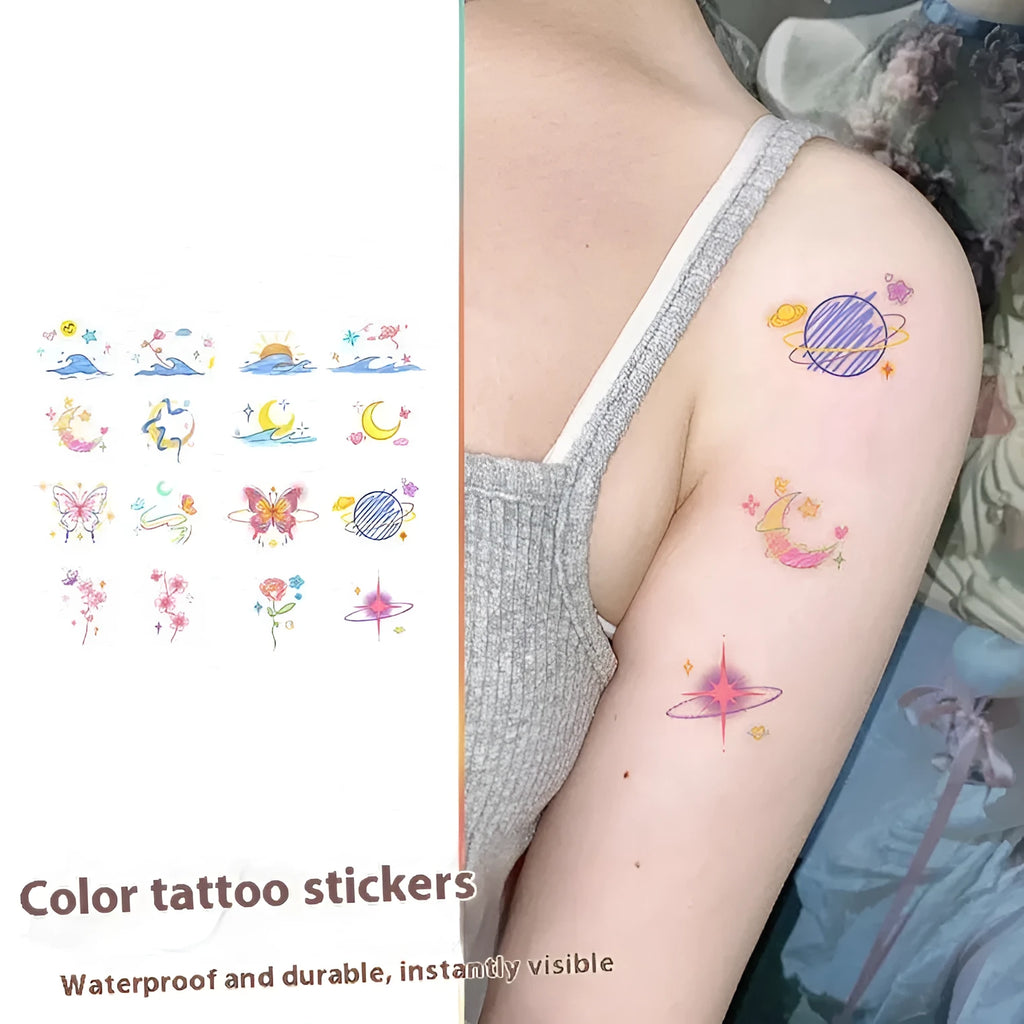 Butterfly sun moon geometric tattoo sticker for shoulder or clavicle placement