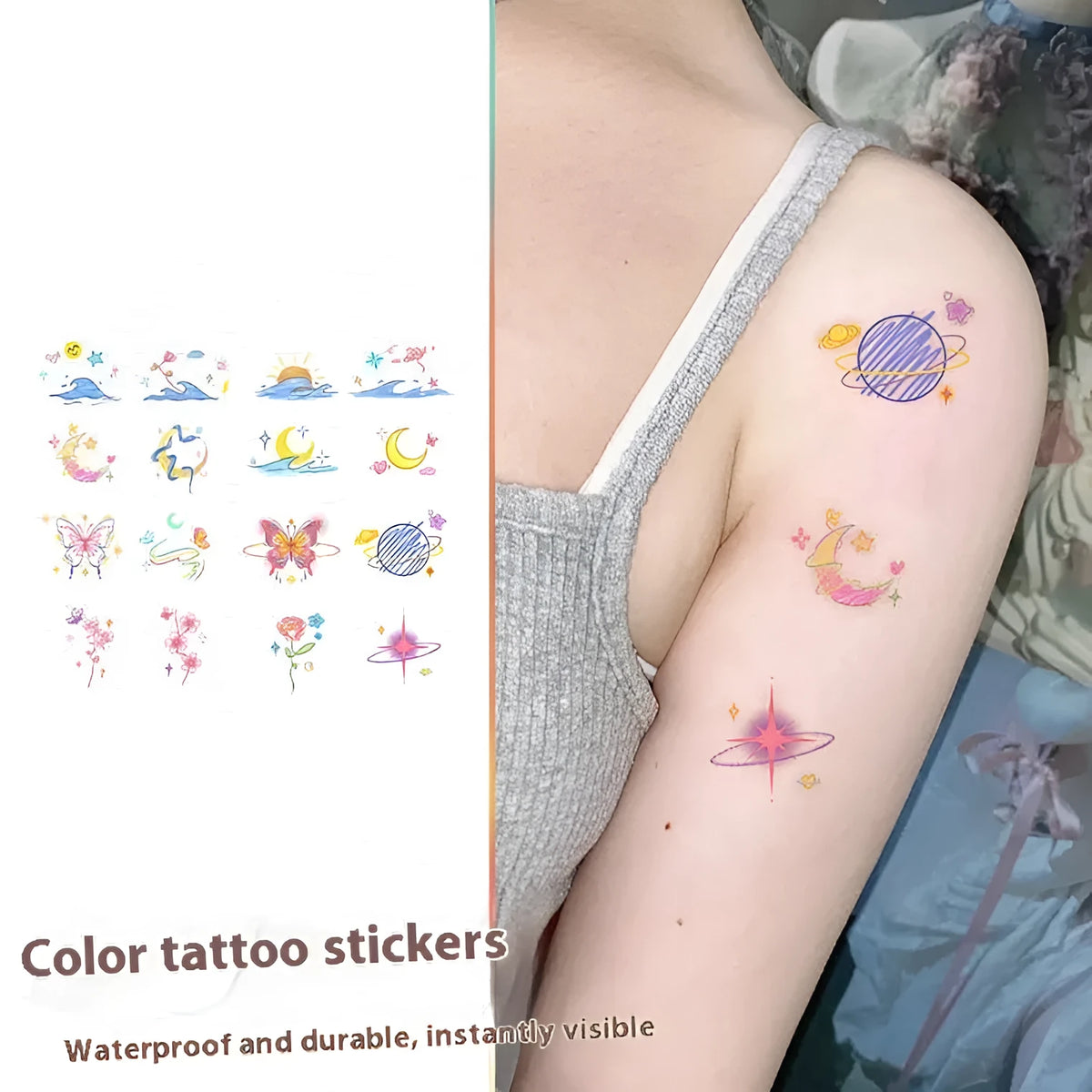 Butterfly sun moon geometric tattoo sticker for shoulder or clavicle placement