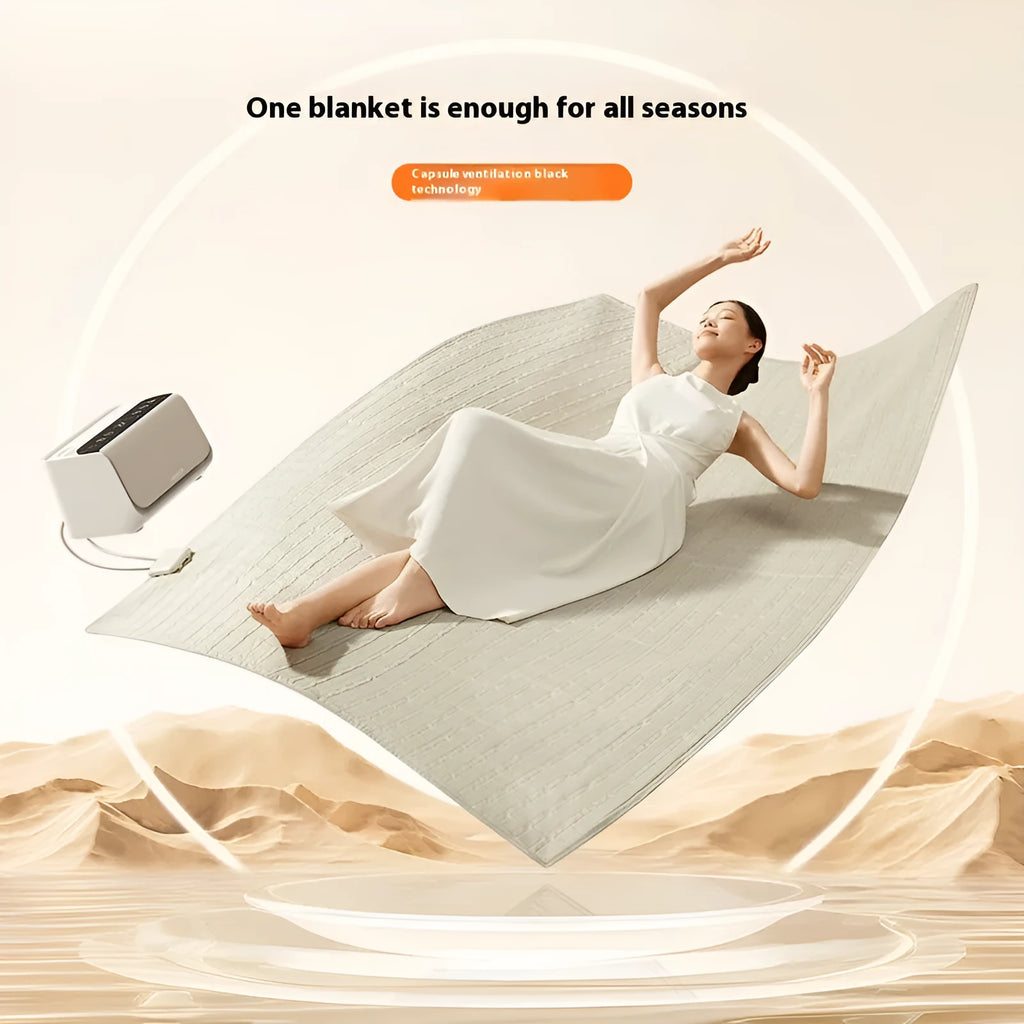 Aideng white electric underblanket with separate smart host controller on a bed.