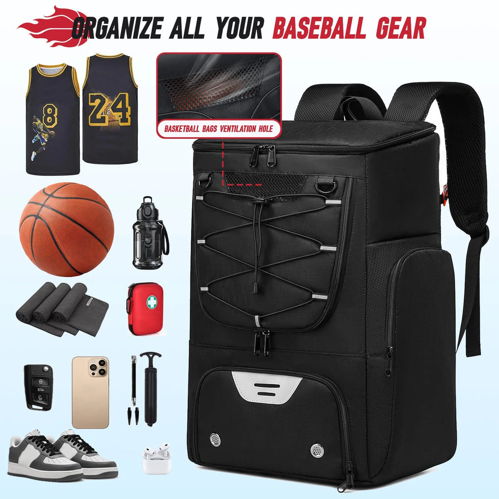 Black Oxford cloth basketball training backpack with large 51cm capacity for sports equipment