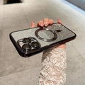 Electroplating magnetic mobile phone protective cover for Apple iPhone showing front and back with reflective finish and cutouts