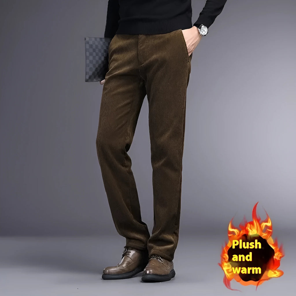 Men's British retro-style long straight striped pants in a chemical fibre blend, shown with a zip fly.