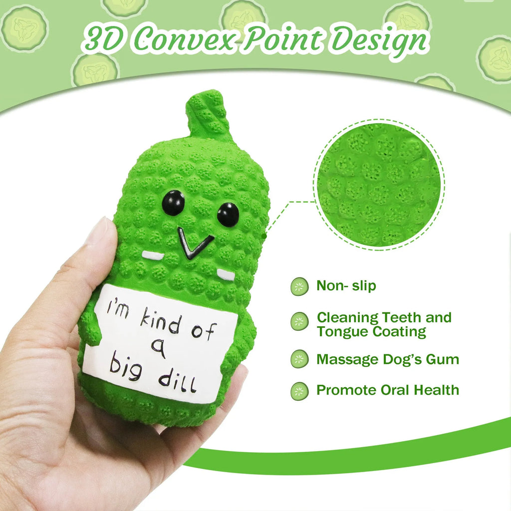 Green pickle-shaped squeaky dog chew toy with textured surface for teething puppies