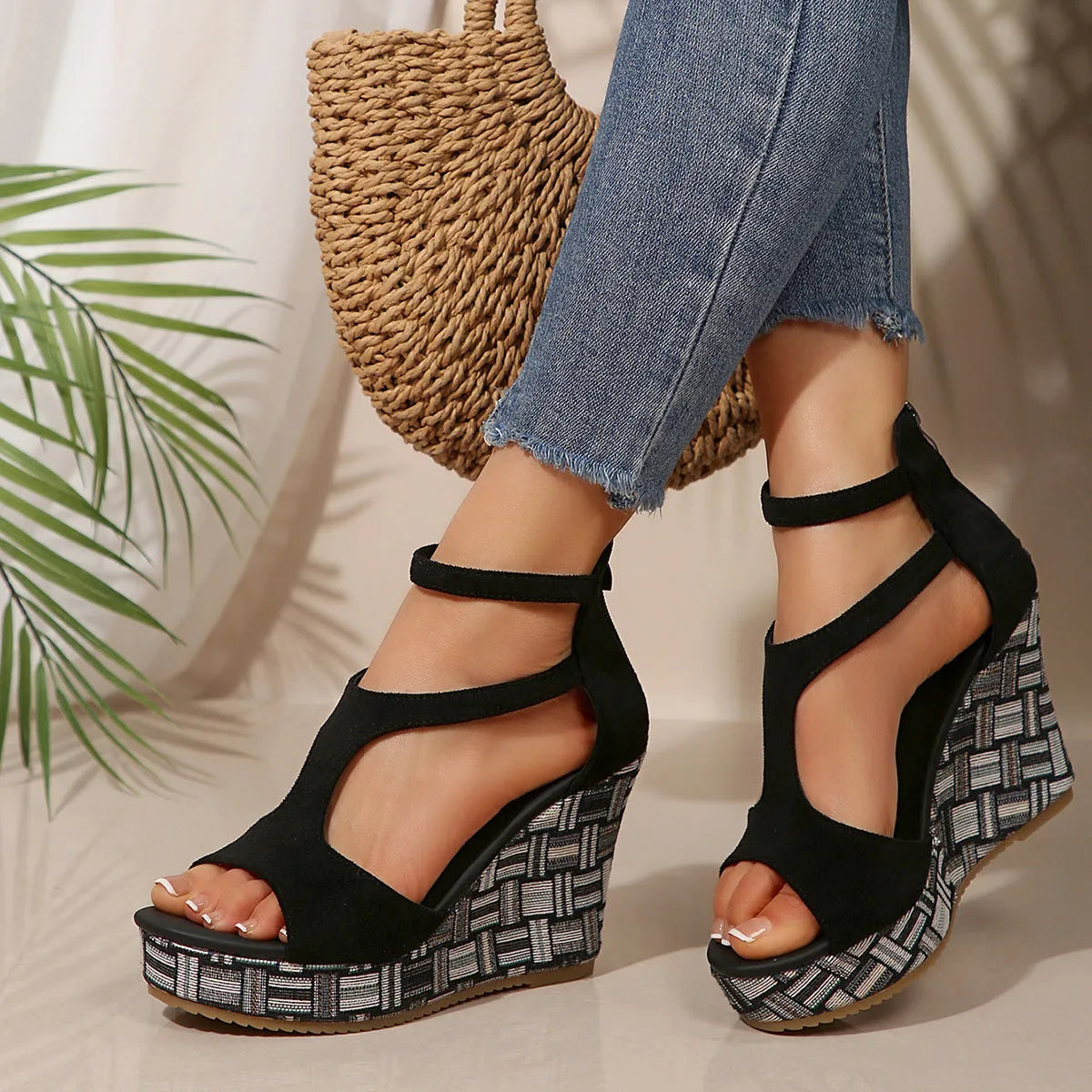 Women's cream white ankle-strap sandals with a buckle, thick rubber sole, and fish mouth scaffold design.