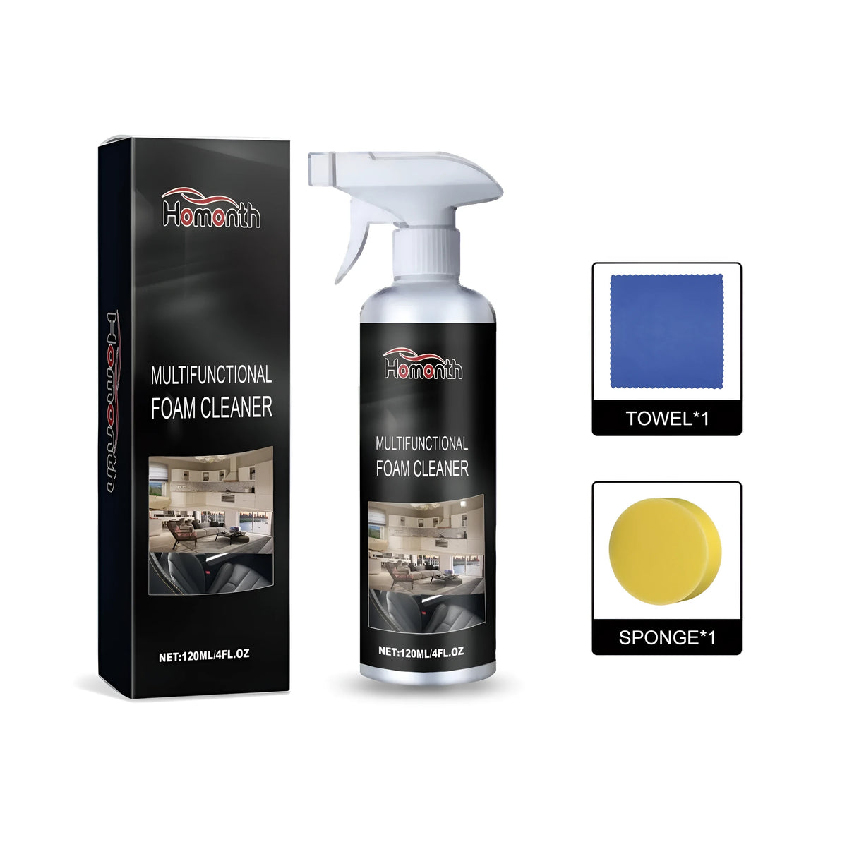 Multifunctional foam cleaner set with remover bottle, sponge, and cloth on a clean surface