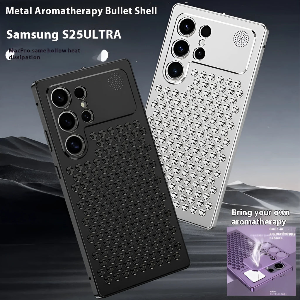 Samsung S25 Ultra aluminium alloy aromatherapy phone case with spring fastener shell in titanium black colour on a surface