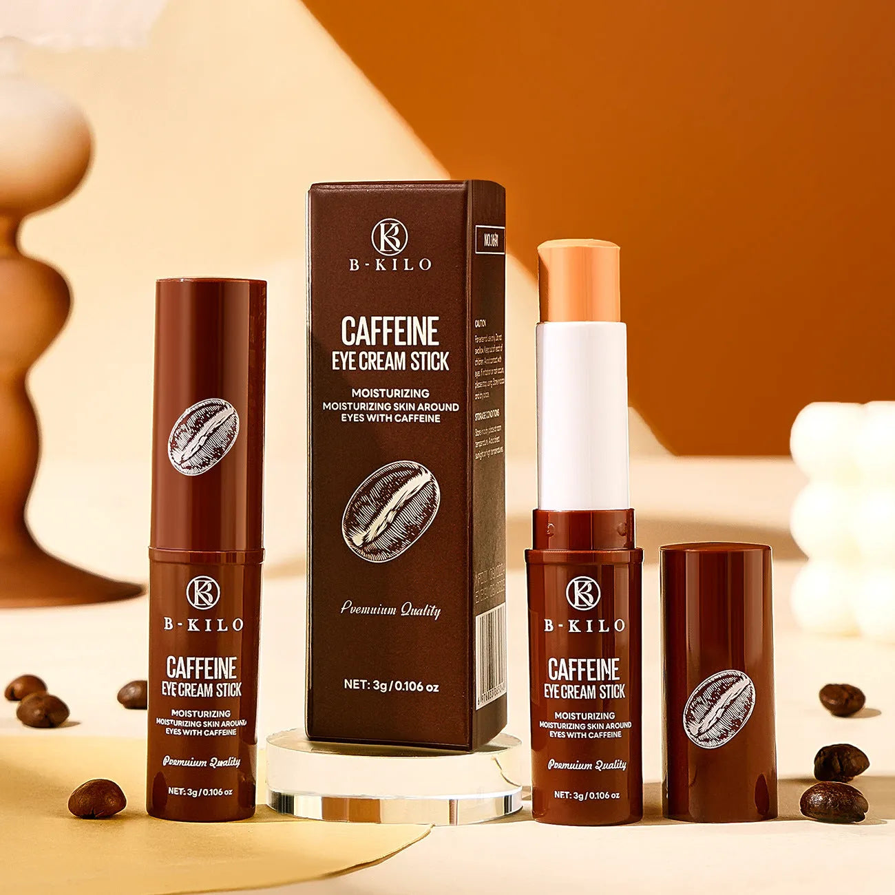 Caffeine eye cream stick in travel-friendly 3g packaging for under-eye hydration