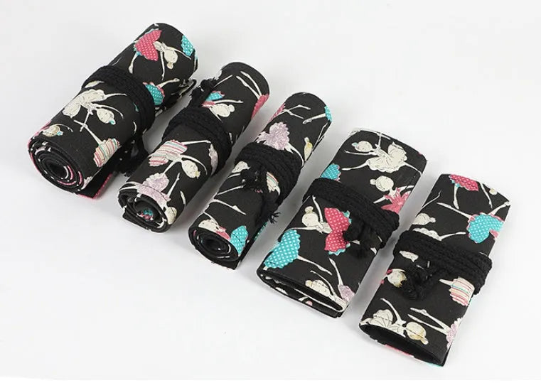 Ballet girl printed canvas rolling pencil case showing square design with multiple pencil compartments