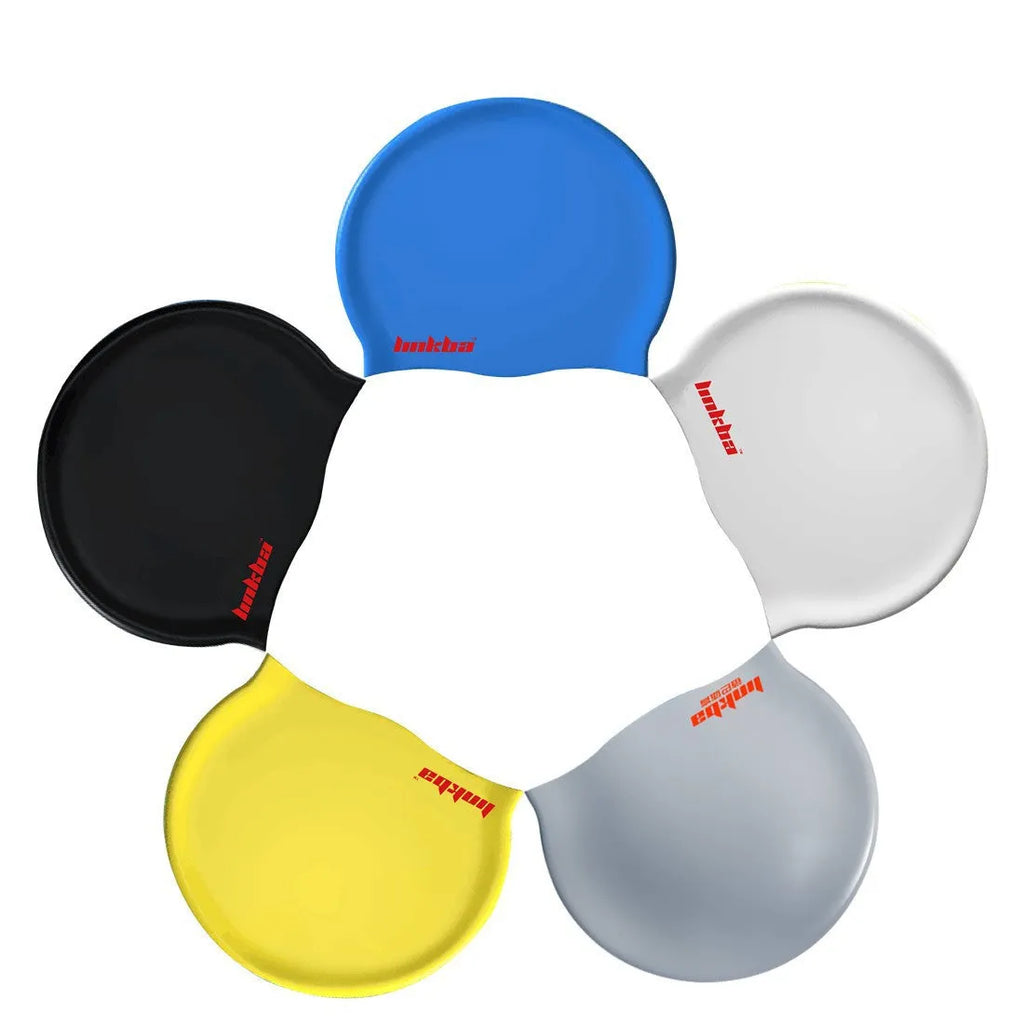Silicone swimming cap with earmuff design in multiple colour options on a white background.