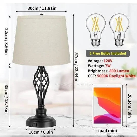 European style alloy bedside table lamp with touch dimmer and USB charging port.