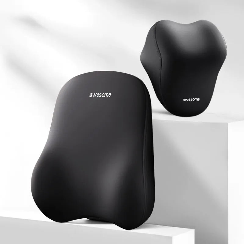Automotive headrest and lumbar support pillow set with memory foam filler in three colour options