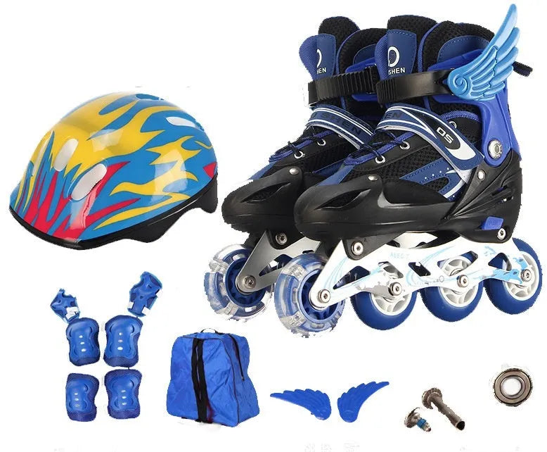 Yellow children's adjustable inline skates with aluminium frame, PU wheels, helmet, and protective gear on a backpack.