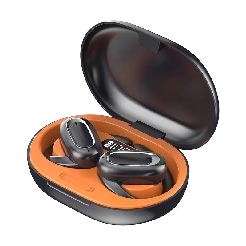 Wireless Bluetooth headset with digital display screen, ear-hook design, black orange colour, noise reduction sports earphones