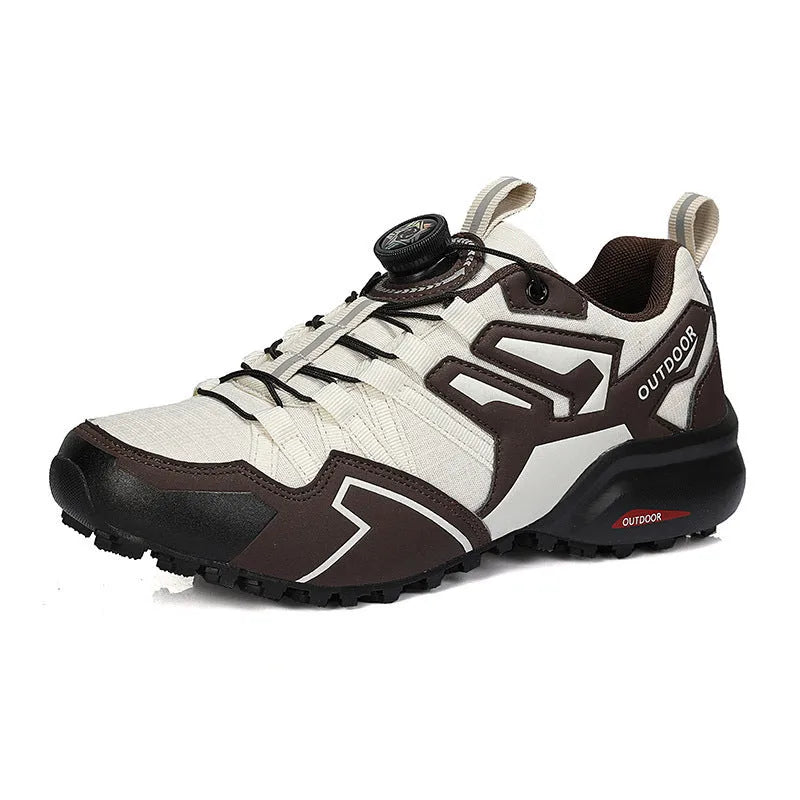Men's beige elastic band hiking shoes with synthetic leather upper and rubber sole
