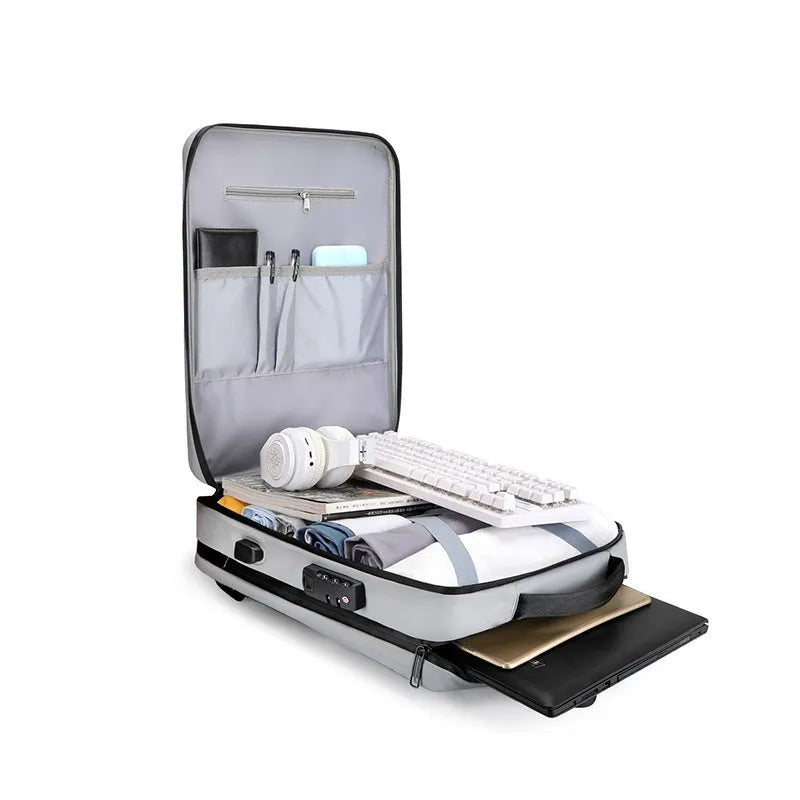 Men's black and silver white business backpack in ABS PC and Oxford cloth with curved shoulder straps