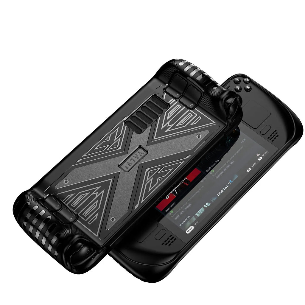 Red TPU silicone soft protective case for a Steam Deck handheld game console.