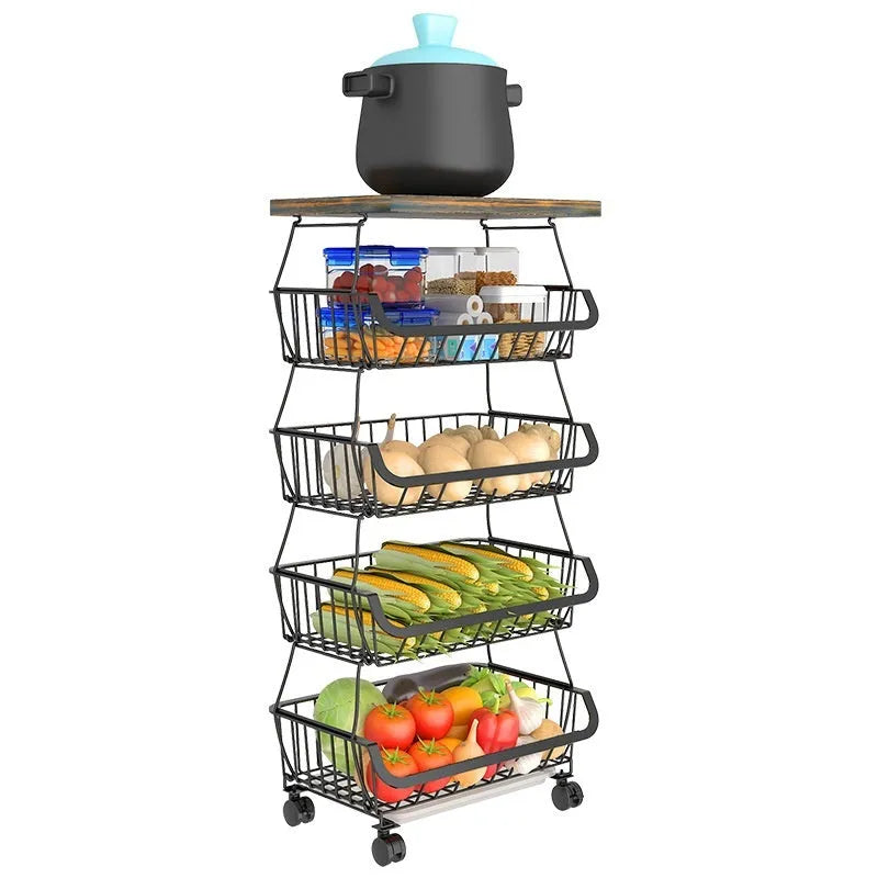 Black freestanding kitchen storage trolley with six open wire shelves.