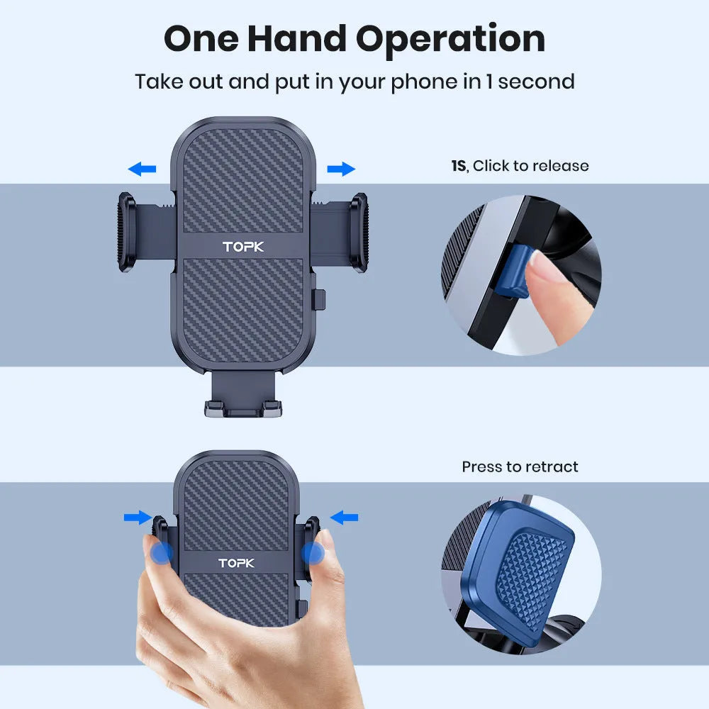 TOPKD46 car phone holder showing multiple bracket styles for dashboard, vent, and windshield installation
