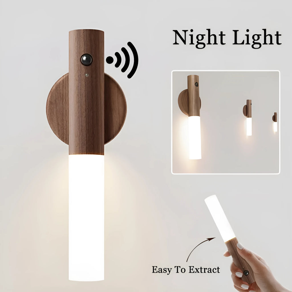 Auto LED USB magnetic wood night light with PIR motion sensor on wall, warm light