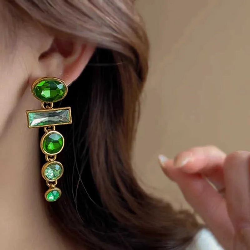 Green gradient geometric Chinese style alloy earrings with zircon studs and tassel pendant