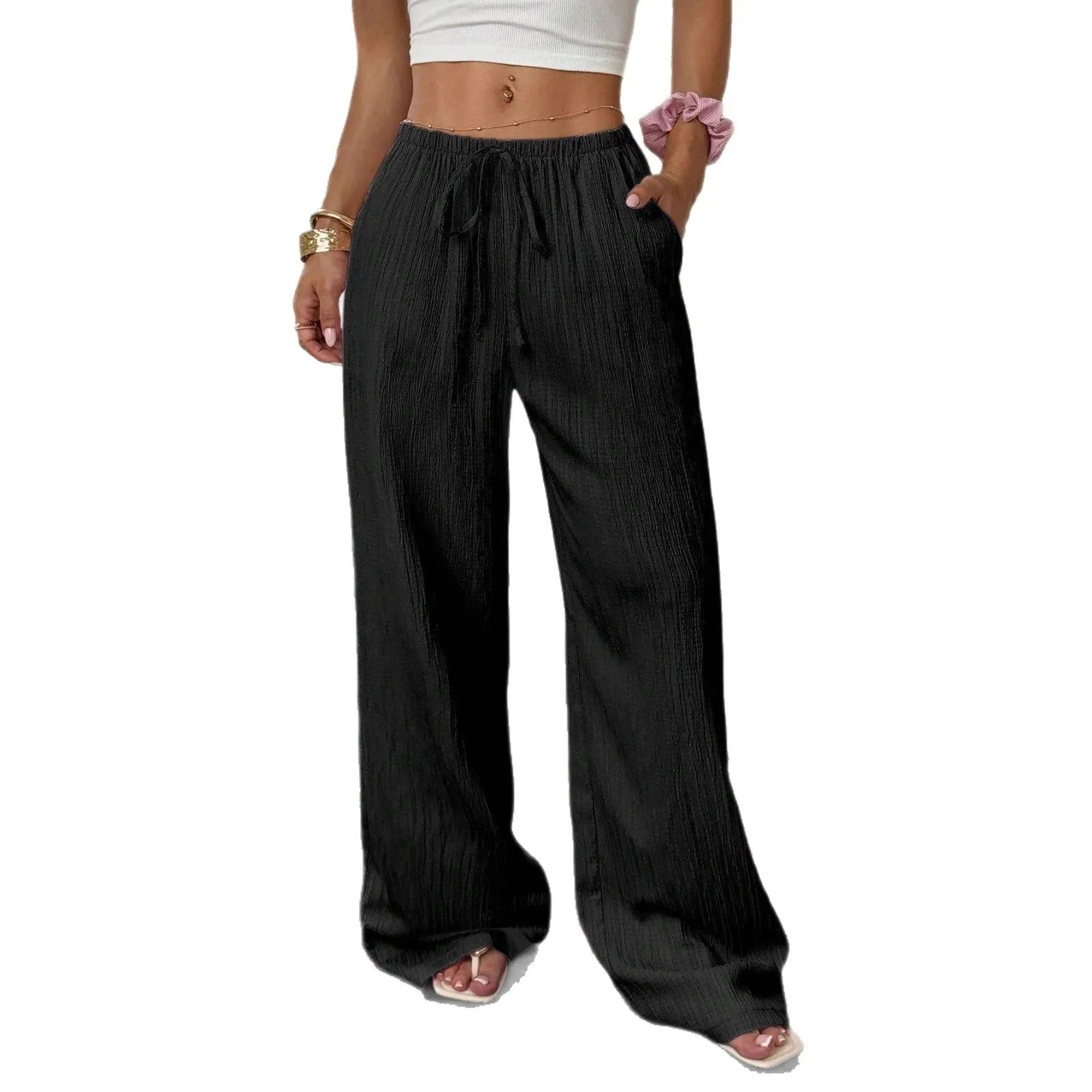Women's wide leg trousers with lace-up waist trimming in polyester fabric