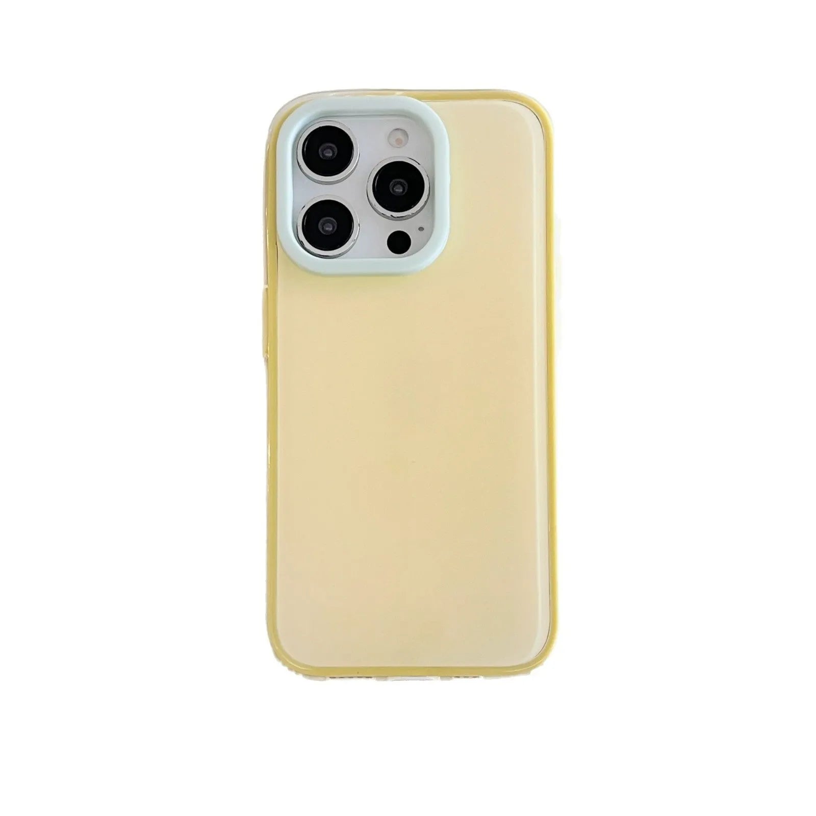 Simple solid colour jelly TPU phone case for iPhone, shown in blue, white and yellow.