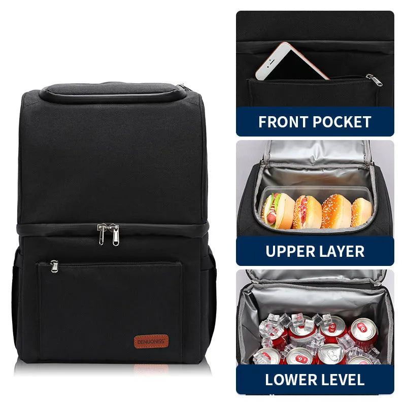 Blue insulated picnic backpack with double layer waterproof construction and 22L capacity