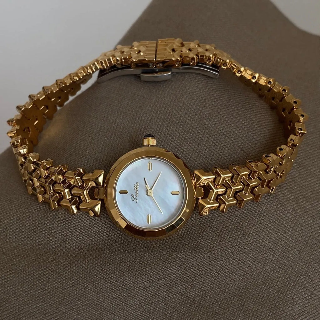 Women's fashion alloy watch ASG33 with white shell dial and gold strap, 8mm thickness