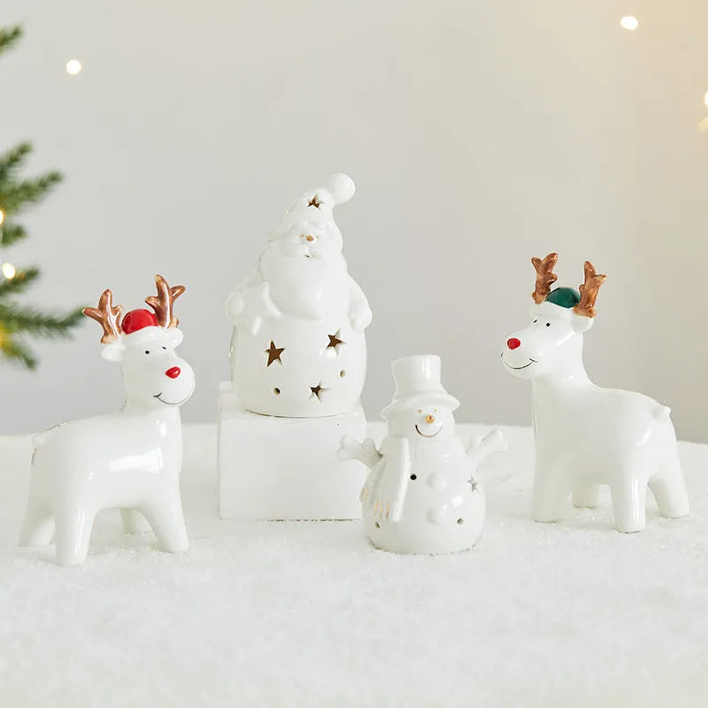 Ceramic Christmas snowman decoration with luminous glow on desktop
