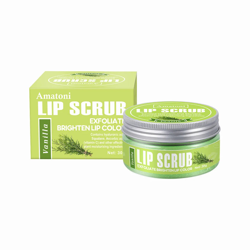 Amatoni Lip Scrub pot in coconut, raspberry, vanilla, or watermelon flavour, 30g.