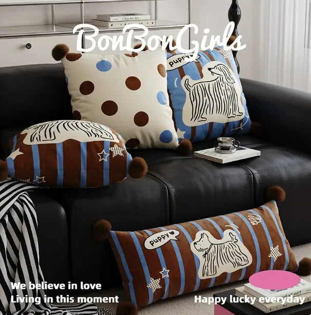 Cartoon design sofa cushion in blue, brown or white colours showing 45x45cm, 60x60cm and 30x70cm size options