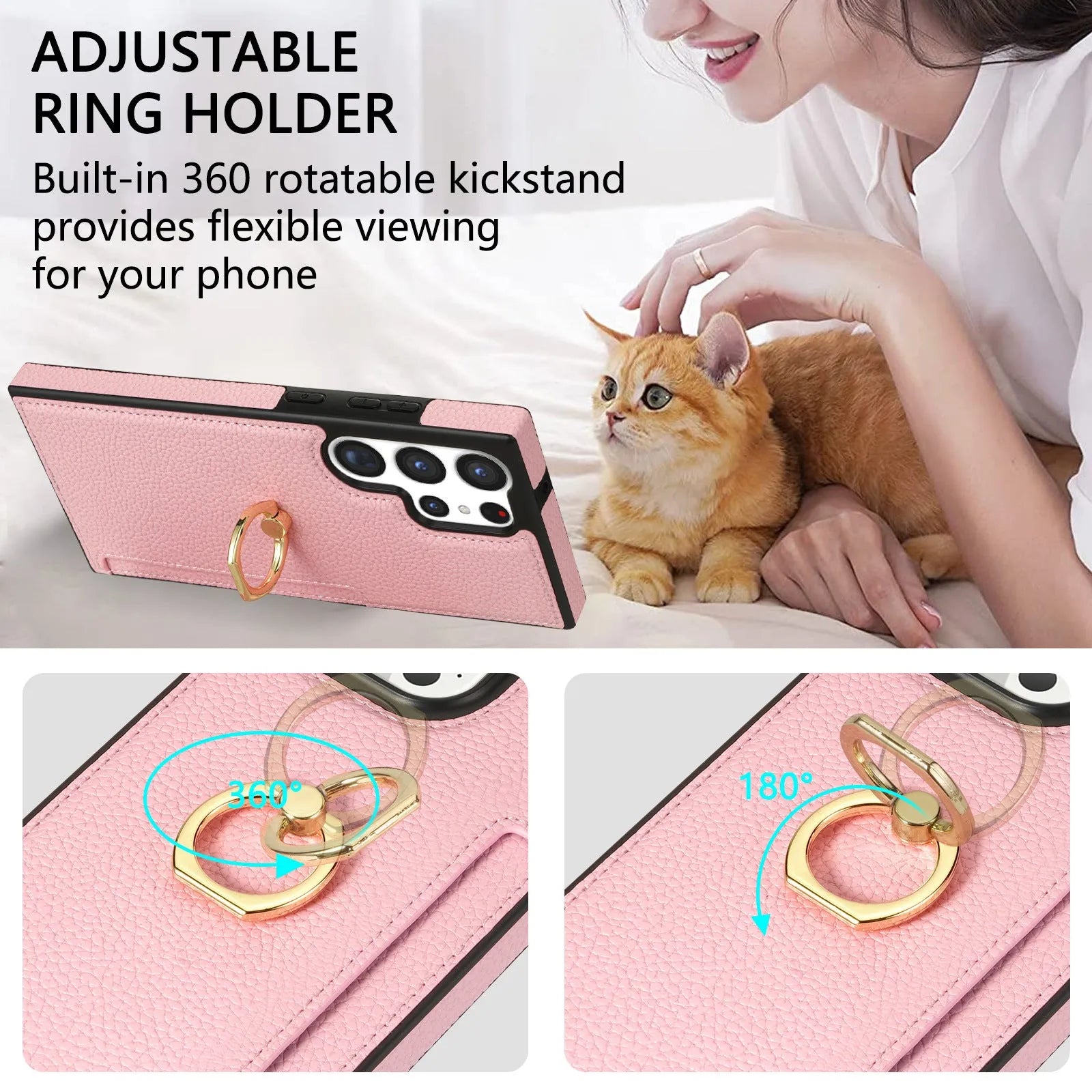Litchi pattern fastened ring card wallet phone case for Samsung with shockproof frosted TPU PU finish, black colour