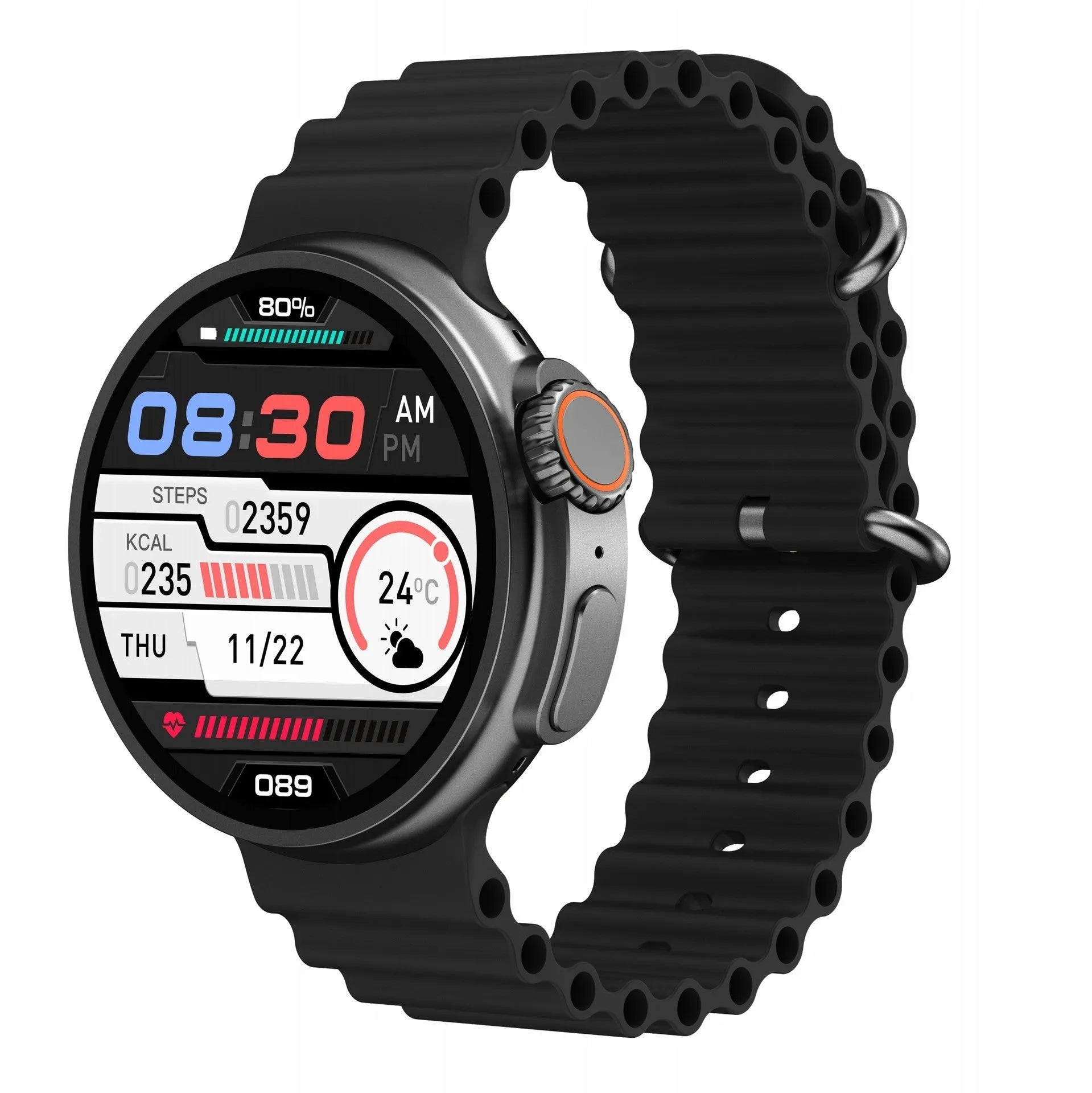 Black K9 smartwatch with round screen on a silicone strap, showing a fitness tracking display.