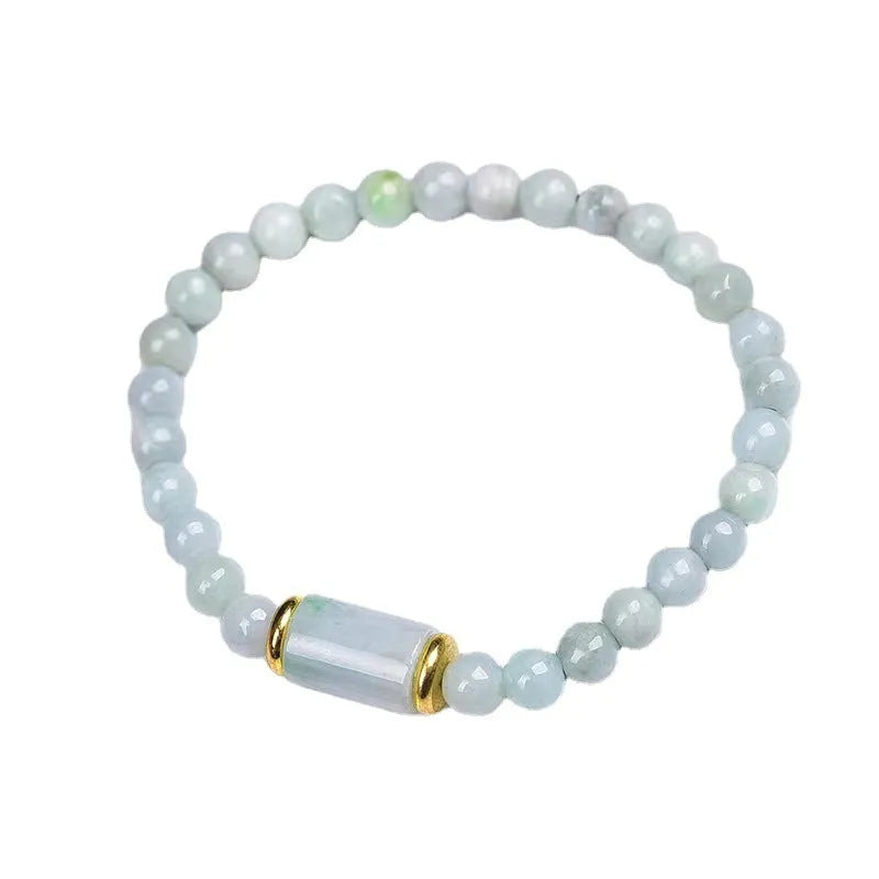Natural Myanmar jade round bead bracelet with emerald green colour geometric stones