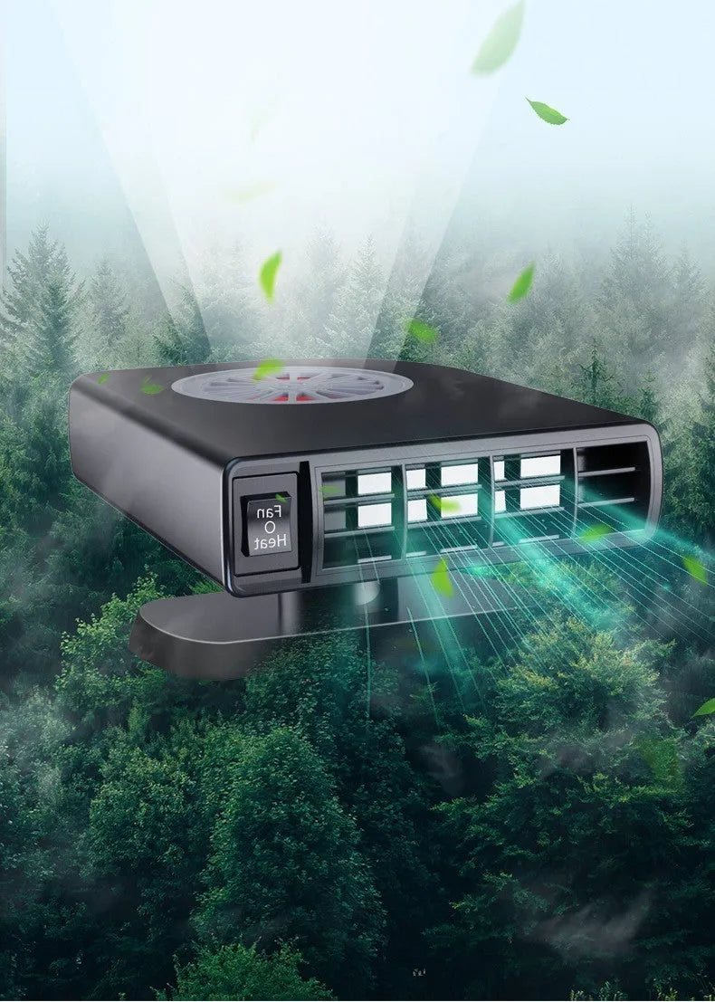Black ABS vehicle-mounted heater measuring 11x6.5x14cm for 12V defrosting defogging and air purification