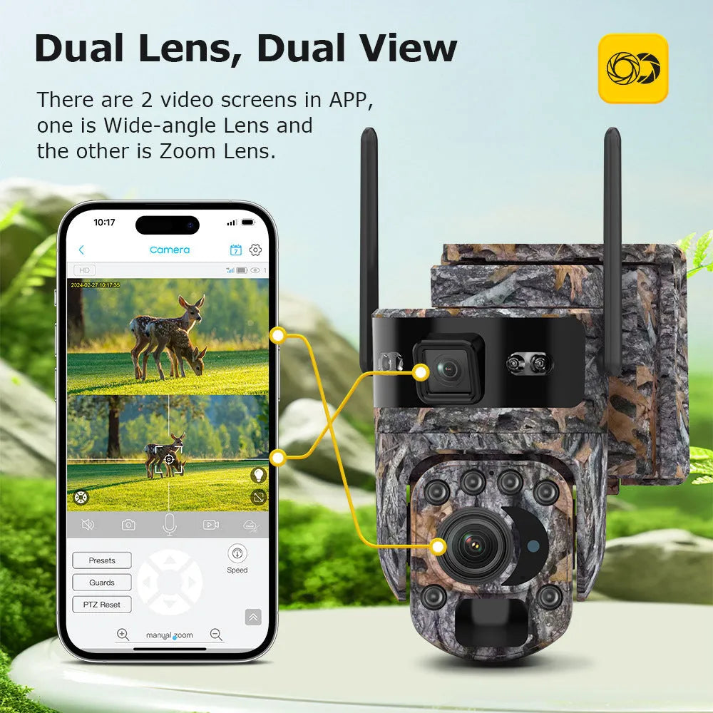 Jungle camouflage 4G solar camera with 6MP HD lens and 20x zoom mounted outdoors in green foliage