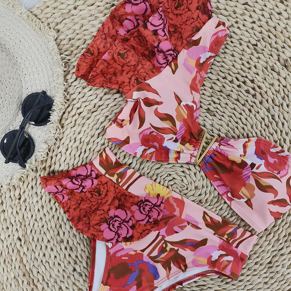 Pink floral print one-shoulder ruffled swimsuit with high-waist bikini bottoms