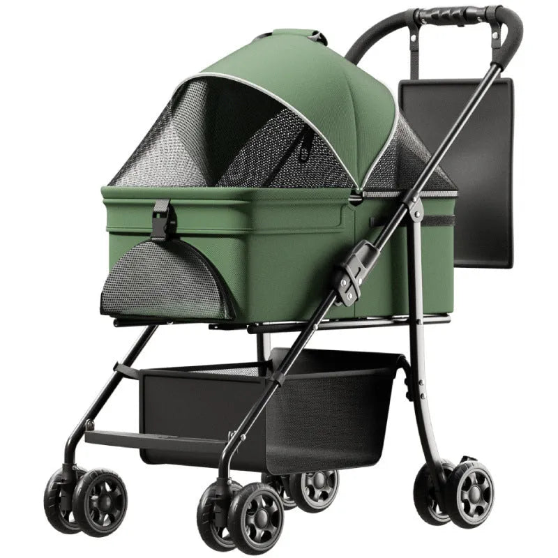 Black metal pet cart with removable wheels in folded position showing one-click folding mechanism
